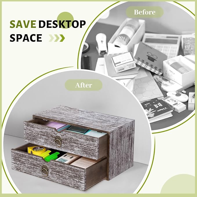 Wood Desk Organizer, Washed Brown Wooden Desktop Organizer with Drawer, Tabletop Storage Organization Box for Countertop, Home Office Supplies, Bills, 13.3 x 6.5 x 7 Inches(2 Drawer)