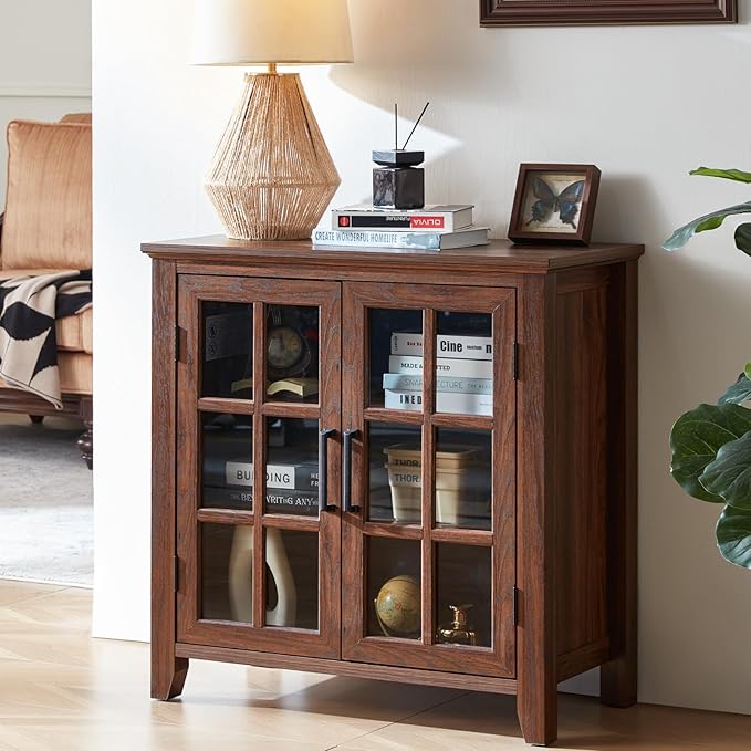 Large Sideboard Buffet Cabinet with Storage, 32" Farmhouse Kitchen Coffee Wine Bar Cabinet with 2 Glass Doors, Wood Mid Century Modern Side Board Table for Dining Room, Living Room, Brown