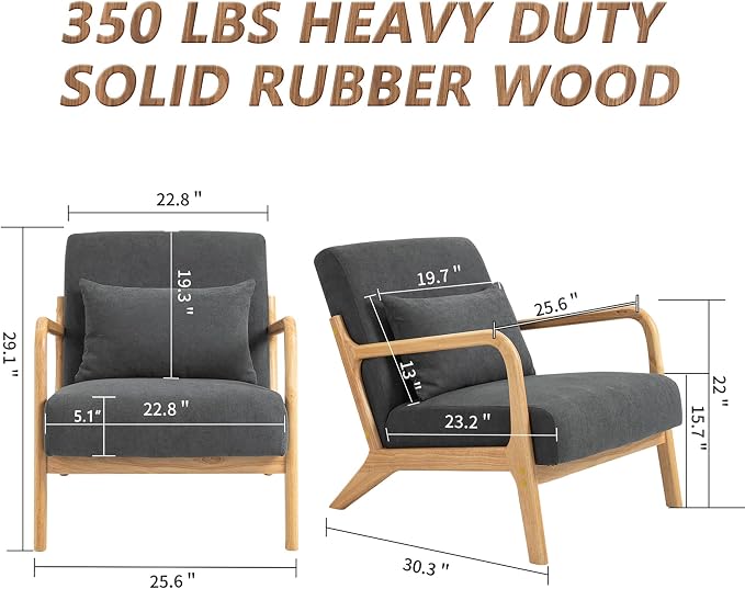 Set of 2 Mid Century Modern Accent Chair with Wood Frame and Linen Fabric Upholstery, Comfortable Lounge Armchair with Pillow, Wooden Accent Chair for Living Room, Bedroom, or Reading Corner