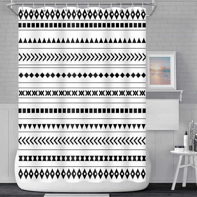 Black and White Fabric Bathroom Shower Curtain Boho Abstract Geometric Pattern Waterproof Polyester Shower Curtains for Modern Minimalist Artistic Aesthetic Home Decorative, 60x72 Inch