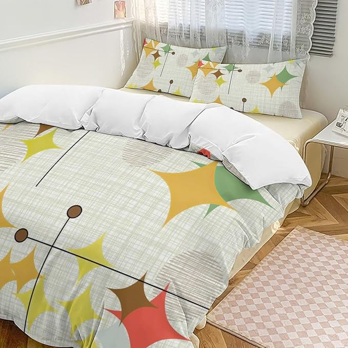 Mid Century Duvet Cover Sets Modern Mid Century Retro Grid Printed Lightweight Soft Quilt Cover Geometric Minimalist Abstract Soft Microfiber 3 Piece (1 Duvet Cover 68x86in + 2 Pillow Sham 20x30in)