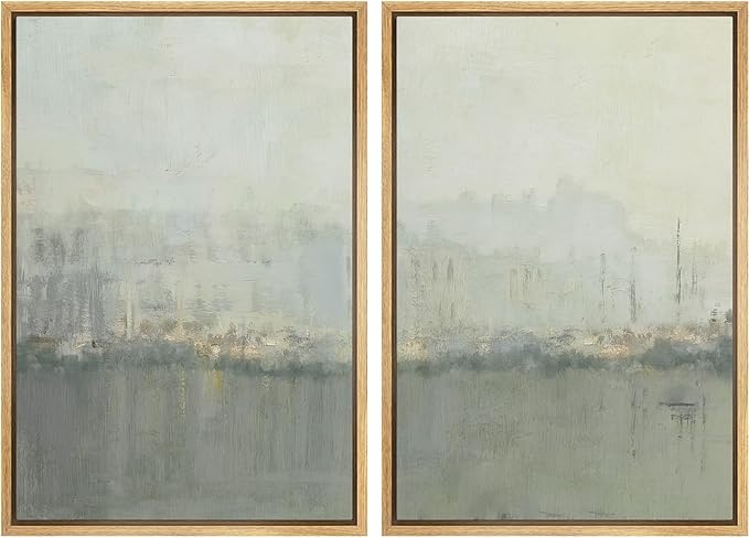 IDEA4WALL Framed Canvas Print Wall Art Set Abstract Skyline Cityscape Art in Muted Gray and Soft Blue Tones Illustrations Modern Art Decorative Coastal Cottage Seascape for Bedroom - 24"x36"x2 NATURAL