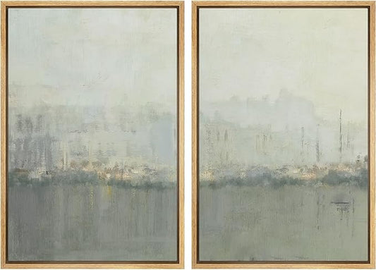IDEA4WALL Framed Canvas Print Wall Art Set Abstract Skyline Cityscape Art in Muted Gray and Soft Blue Tones Illustrations Modern Art Decorative Coastal Cottage Seascape for Bedroom - 24"x36"x2 NATURAL