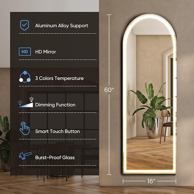 OLIXIS 20"x 63" Arched LED Full Length Mirror with Lights, Standing Lighted Floor Full Body Mirror with 3 Color Lighting, Wall Mounted Mirrors for Bedroom, Bathroom, Entryway with Tempered Glass