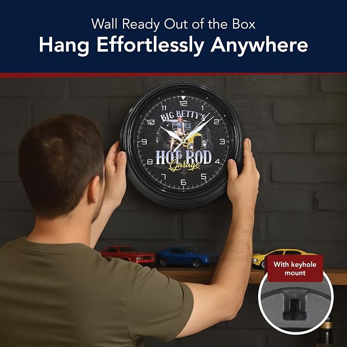 American Art Decor Big Betty's Hot Rod Garage Pinup Girl LED Clock - 12" Wall Mounted Diamond Plated Wall Decor - Wall Clock for Living Room, Dorm, Mancave, Garage, Office (Black/White/Yellow)