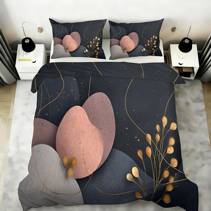 Mid Century Modern Abstract Duvet Cover Full Size, Dark Gray Black Rose Pink Geometric Bedding Set 3 Piece, Abstract Geometric Botanical Patterned Comforter Cover with Zipper, 2 Pillowcases