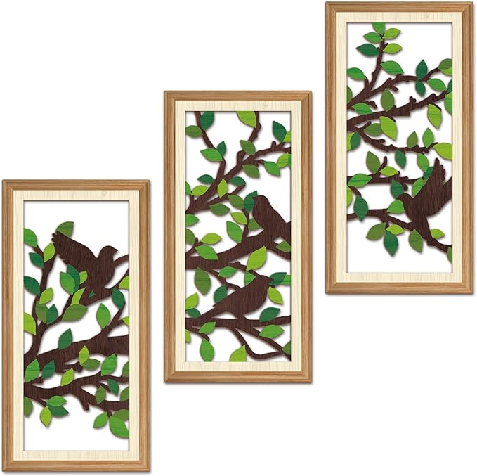 IARTTOP 3 Pcs Nature Silhouette Wall Art Set Green Leaf Botanical Wall Decor Bird on Branch Art Prints Rustic Farmhouse Wood-Look Art Decor for Living Room Bedroom Office 8x16 Inch