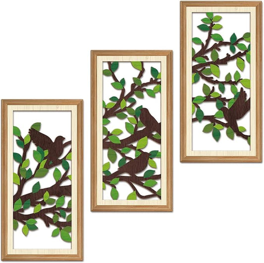 IARTTOP 3 Pcs Nature Silhouette Wall Art Set Green Leaf Botanical Wall Decor Bird on Branch Art Prints Rustic Farmhouse Wood-Look Art Decor for Living Room Bedroom Office 8x16 Inch