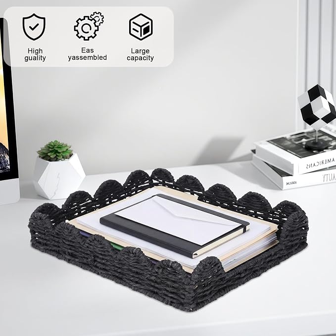 Woven Letter Tray, Paper Tray Organizer for Papers, Documents, Folders, Notebooks, and Stationery, Magazine File Holder, Mail Basket, Desk Organizers and Accessories, Office School Home Storage, Black