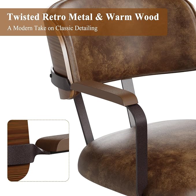 Mid-Century Modern Desk Chair with Walnut Bentwood Design,Retro Home Office Chair with Adjustable Height,360°Swivel,Smooth Rolling Casters,Small Computer Chair PU Leather (Brown)