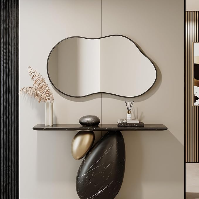 Irregular Wall Mirror - 24''×36'' Asymmetrical Decorative Tempered Glass Aluminum Alloy Framed Mirrors Cloud Mirror Wavy Mirrors for Bathroom, Bedroom, Living Room, Entryway（Black）