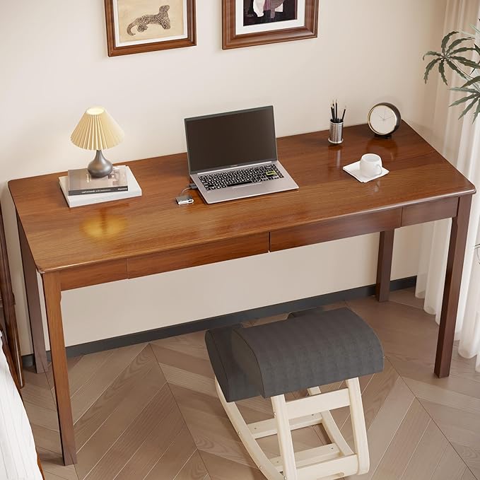 Solid Wood Desk with Drawers - 55 x 22 Inch Vintage Desks, Mid Century Modern Desks, Rubber Wood Study Table, Writing Desk with Drawers for Bedroom|Any Spaces - Walnut Color