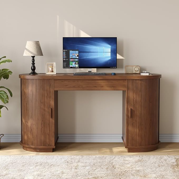 ONBRILL 59 Inches Office Desk with Lift Top, Fluted Executive Desk w/Charging Outlets, Mid-Century Modern Computer Desk with Storage, Curved Study Desk for Work/Study/Writing, Walnut