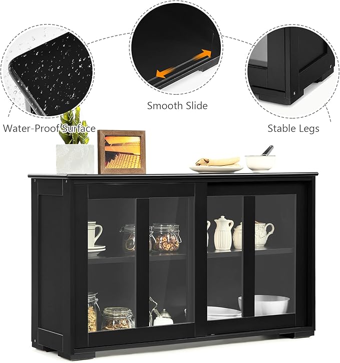 Sideboards Buffet Cabinet, Sliding Tempered Glass Door Coffee Bar, Console Table with Adjustable Shelf, Credenzas for Living Room, Stackable Kitchen Cupboard for Dining Room (Black)