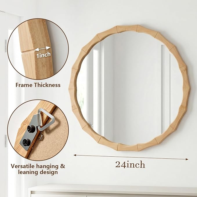 Round Bamboo Frame Mirror with Wavy Edge, 24-inch Vintage Wood Finish Hanging Wall Mirror for Bathroom, Bedroom, Living Room & Entryway