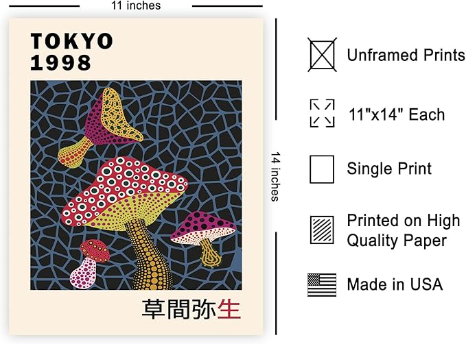 Poster Master Infinity Mushroom Print - Yayoi Kusama Poster - Abstract Japanese Art - Trendy Gift for Men & Women - Pop Art Decor for Office, Bedroom or Living Room - 11x14 UNFRAMED Wall Art