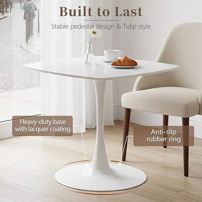 White Square Dining Table,31.5" Tulip Table with Metal Pedestal,15-Minute Quick Assembly,Mid Century Modern Leisure Table for Kitchen Small Places Cafe (White)