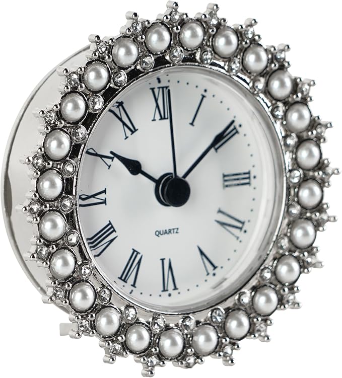 NIKKY HOME Small Table Clock with Faux Pearls Battery Operated for Living Room Decor Desk Shelf 3'', White