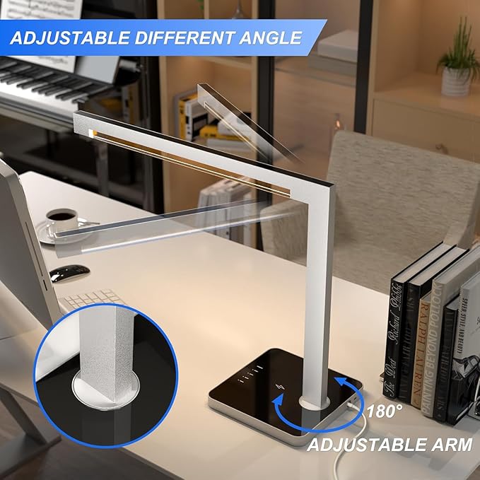 2 Pack Aluminum LED Desk Lamp with Charging Station, 15W Smart Table Lamp with Type-C Ports & 4 Color Temperature Modes(3000K-6000K), Dimmable Reading Light for Home Office(Includes Adapter)