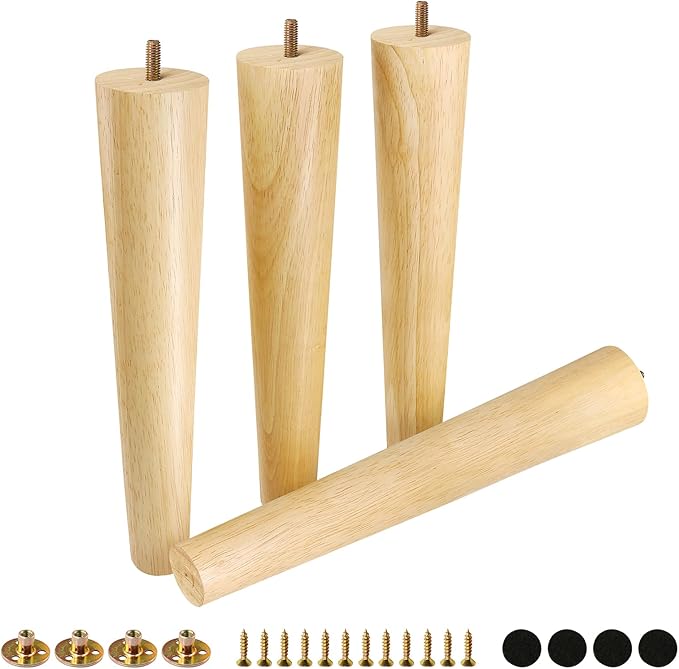 FoDau770 Rubber Wood Furniture Legs 14 Inches, Straight Tapered Wood Feet Mid Century Sofa Legs Set of 4, 5/16" UNC Furniture Feet Replacement Parts for Cabinet Couch Dresser Chair Ottoman Table