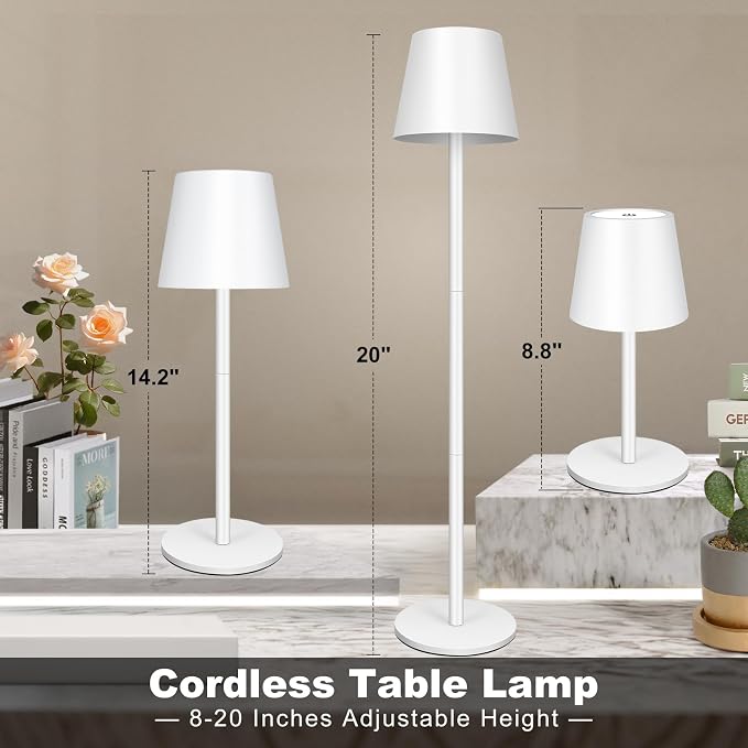 White Cordless Table Lamp 8-20 Inches Adjustable Height, 5000mAh Rechargeable Battery LED Desk Lamp, 3 Color Stepless Dimmable, Portable Waterproof Metal Table Light for Indoor/Outdoor