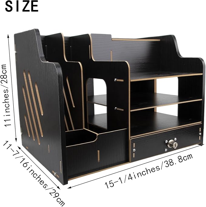 Bamboo Desk Organizer, Desktop Wood Bookshelf File Organizer, Pen Holder and Tissue Holder, 1 Drawer with lock for Office, Home, Need to Install (Light black)