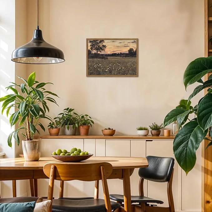 Vintage Farmhouse Wall Art, Rustic Floral Wall Decor Paintings, Twilight Firefly Artwork Painting Field Nature Landscape Canvas Prints for Bedroom Living Room 16x24 inch Wood Framed