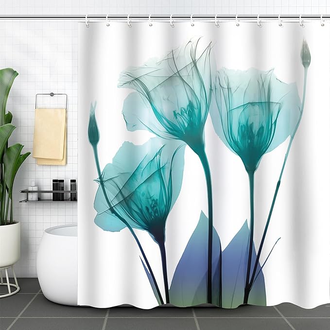 Teal Floral Shower Curtain Turquoise Tulip Flower Shower Curtains for Bathroom Waterproof Polyester Fabric Bath Curtain 72 x 72 Inch with 12 Hooks