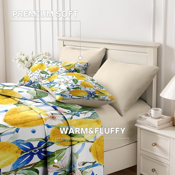 Nesker 7 Pcs Comforter Set King Size, Lemons Blue Italian Bedding Set for Kids and Adults, Natural Flower Summer Bed Sheet Sets with Fitted Sheet 2 Pillowcases & 2 Shams