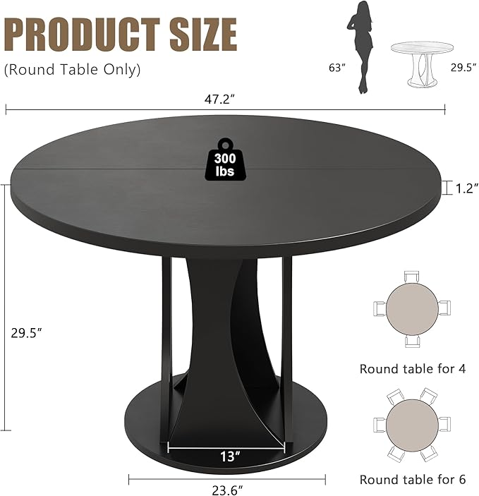 Einhomn Round Dining Table for 4-6, Kitchen Table with Sturdy Double Arc & Rounded Base & Backboard Clasp Desktop, Mid-Century Modern Circle Dinner Table for Dining Living Room, Space Saving, Black