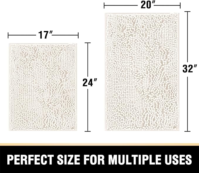 H.VERSAILTEX Bathroom Rugs, Bath Mats Non Slip Luxury Chenille Extra Soft Absorbent Shaggy, Washable Fast Dry Sets 2 Piece for Bathroom (Ivory, 20" x 32"/17" x 24")
