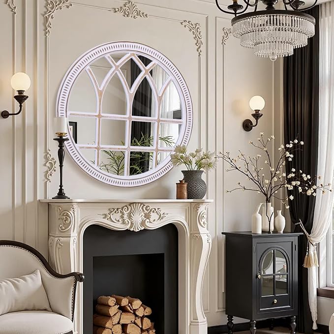 HOITUZYUS 36 Inch Decorative Round Wood Window Mirror | Large Farmhouse Windowpane Wall Mirrors for Entryway, Living Room, Bedroom, Dining Room & Mantel Decor