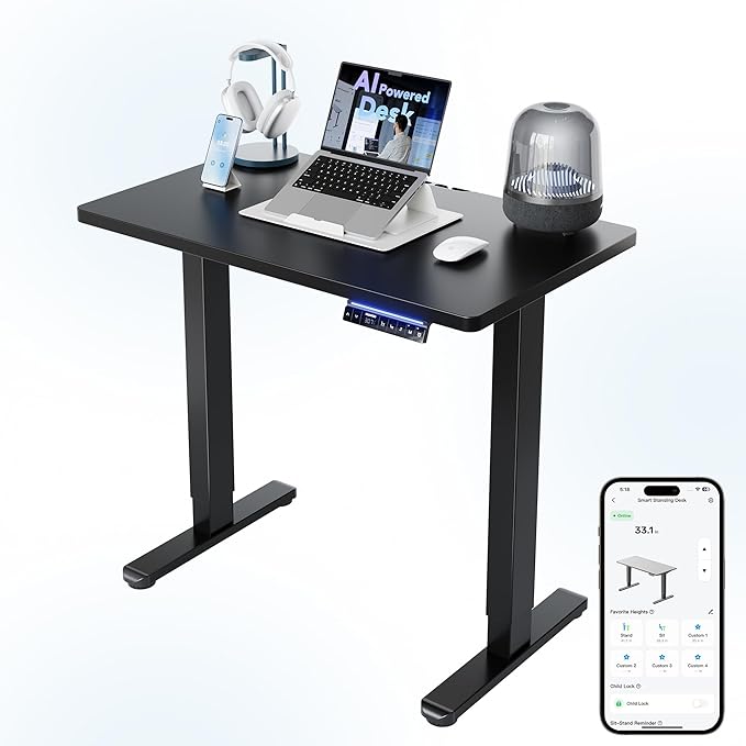 HUANUO One-Piece AI-Powered Electric Standing Desk, Smart APP, Work with Alexa & Google, Adjustable Height, 3 Memory Settings, Sedentary Reminder, Ergonomic Sit-Stand Desk, 32-inch, Black