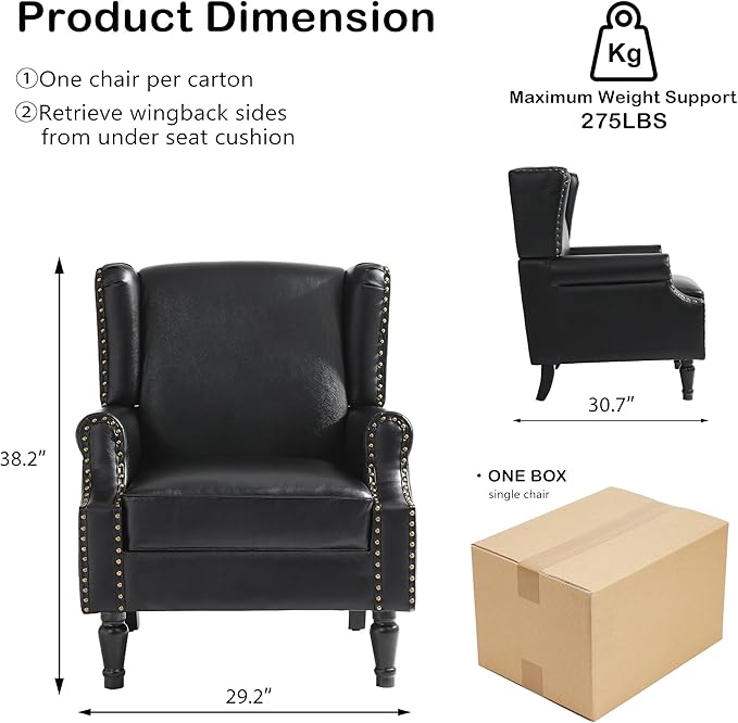 Faux Leather Wingback Chairs Set of 2, High Back Accent Chair, Comfy Upholstered Armchair with Nailhead Trim for Living Room, Single Sofa Reading Chair for Small Spaces, Bedroom-P Black