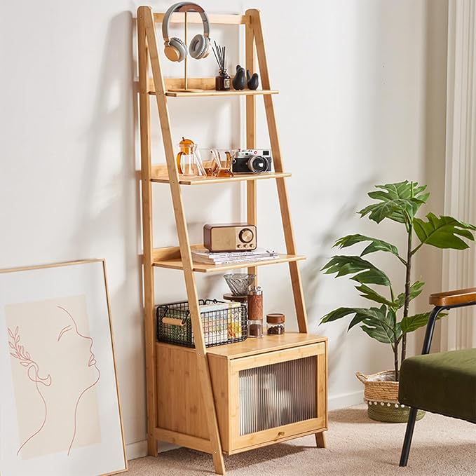 5-Tier Bamboo Ladder Bookshelf with Storage Cabinet， Mid Century Modern Bookcase Rustic Accent Furniture Open Display Rack Shelf for Bedroom Living Room Home Office, Natural