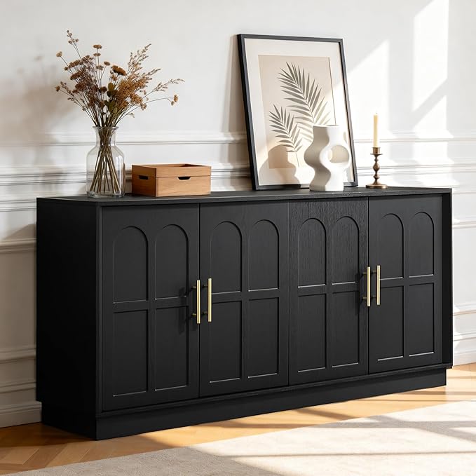LKTART Sideboard Buffet Cabinet with Storage, Modern Credenza Accent Console Cabinets with Arched Doors, Kitchen Buffet Cabinet for Living Room Dining Room Entryway, Black