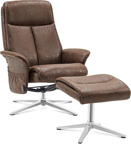 MCombo Swivel Recliner with Ottoman, Modern Heavy-Duty Aluminum Base, Faux Leather Lounge Chair for Small Space, Living Room, or Office 4603 (Brown)