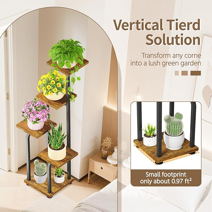 LASZOLA Black 5 Tiered Tall Plant Stand Indoor with Heavy Duty Wood Tray, Large Multi Level Vertical Planter Rack for Narrow Corner, Sturdy Rustic Tall Orchid Flower Shelving Holder for House Decor