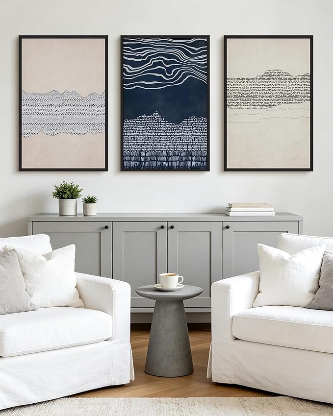KUVIOKE Navy Blue Abstract Framed Wall Art Modern Neutral Minimalist Wooden Pastel Boho Wall Decor Farmhouse Rustic Art Painting Home Decor 24x36in (Black Framed)