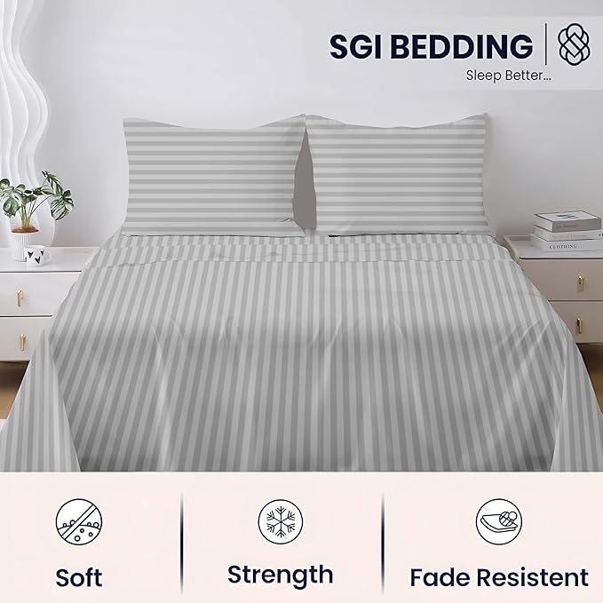 SGI bedding 100% Egyptian Cotton Sheets Full Size – 600 Thread Count Sheets Set, Soft, Cooling, 15" Deep Pocket, Luxury Hotel Bedding, Breathable, Durable - Light Grey Stripe