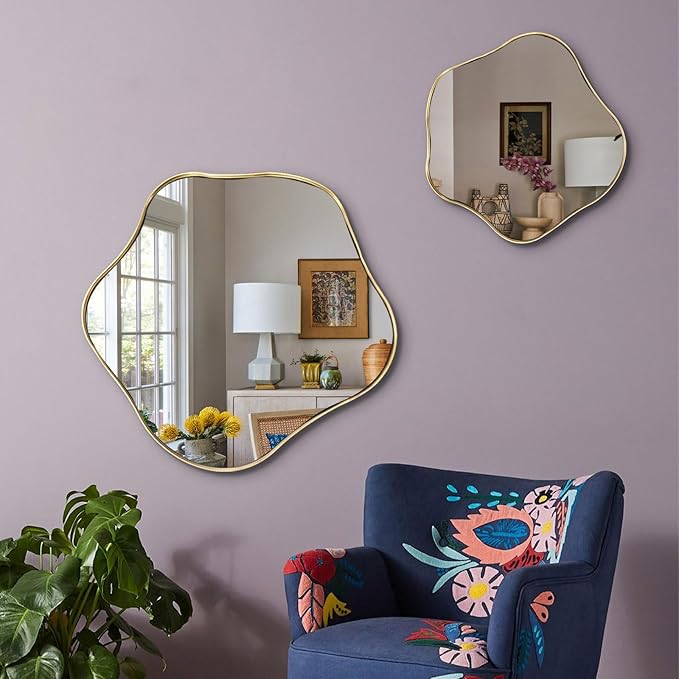 Gold Irregular Mirror, 16" Asymmetrical Shaped Mirror, Wavy Round Mirrors Decorative, Modern Scalloped Mirrors for Living Room Bathroom Bedroom Hallway Entryway Fireplace