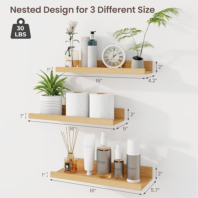 Axeman Picture Ledge Shelf | 16 Inch Oak Floating Shelves Set of 3 | Rustic Wood Wall Shelves with Lip | 16" Oak Picture Shelf for Wall with Ledge | Photo Shelves