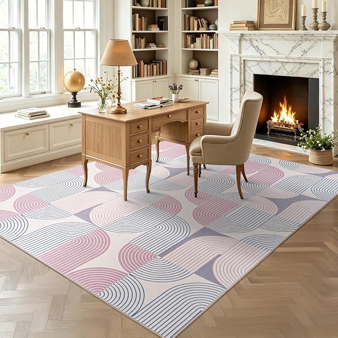 Large 9x12 Area Rugs for Living Room-Soft Modern Geometric Pink Rug for Bedroom, Washable Non-Slip Indoor Floor Boho Abstract Carpet for Dining Room Nursery, Pink/Purple