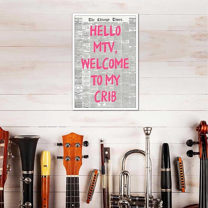Drimiler Retro Hello Mtv Welcome To My Crib Posters Pink Font Newspaper Canvas Wall Art Positive Affirming 70'S Room Aesthetic Prints Painting For Home Bedroom Dorm Wall Decor 12x18in Unframed