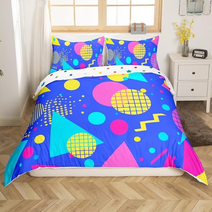 80s 90s Bedding Set Memphis Pattern Old Fashioned Comforter Cover King,Geometric Abstract Colorful Dots Funky Duvet Cover Retro Bed Set,Multicolor Vintage Rainbow 80'S Style 1980S Home Decor,Blue