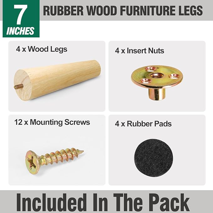 FoDau770 Rubber Wood Furniture Legs 7 Inches, Straight Tapered Wood Feet Mid Century Sofa Legs Set of 4, 5/16" UNC Furniture Feet Replacement Parts for Cabinet Couch Dresser Chair Ottoman Table