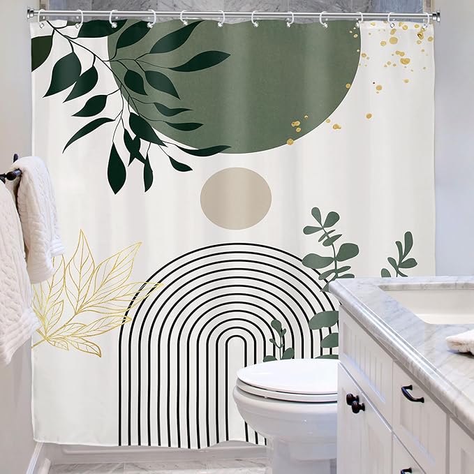 Riyidecor Extra Long Shower Curtain for Bathroom Decor 72Wx84H Sage Green Boho Mid Century Modern Abstract Gold Leaves Minimalist Geometric Art Printed Fabric Polyester Waterproof 12 Pack Plastic Hook