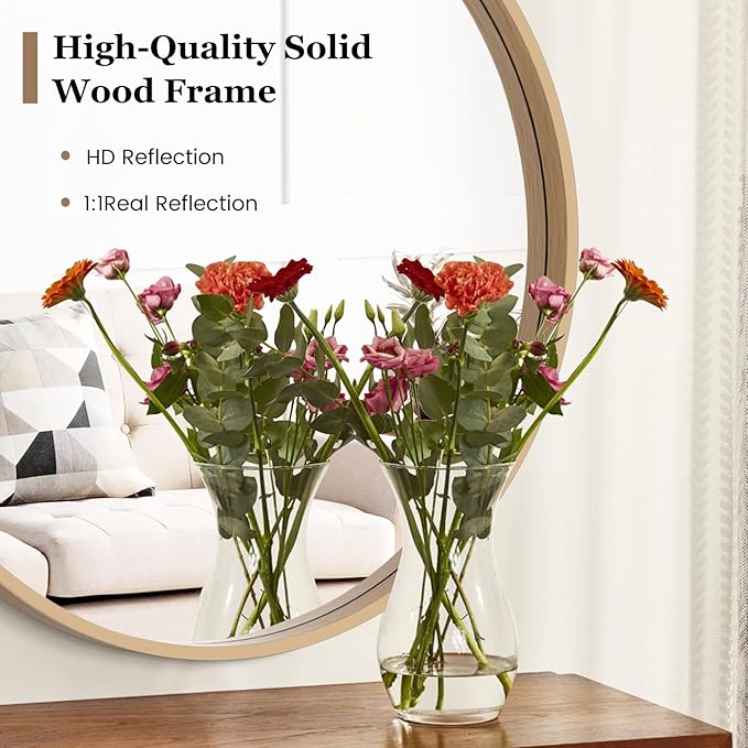 HOMECOOKIN Round Wood Mirror, 31" Round Bathroom Wall Mirror Circle Mirrors for Wall Decor, Vanity, Living Room, Bedroom, Entryway, Natural