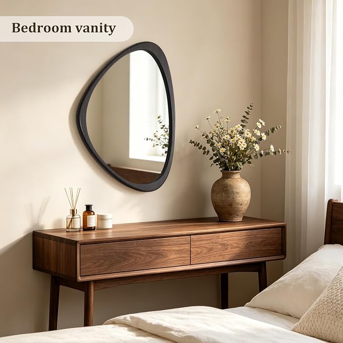 HOMECOOKIN 25" H x 20" W Asymmetrical Mirror, Irregular Wooden Wall Mirror for Bedroom, Living Room,Entryway– Mid-Century Modern Decorative Mirror, Solid Wood Frame, Pebble Shaped Design (Dark Brown)