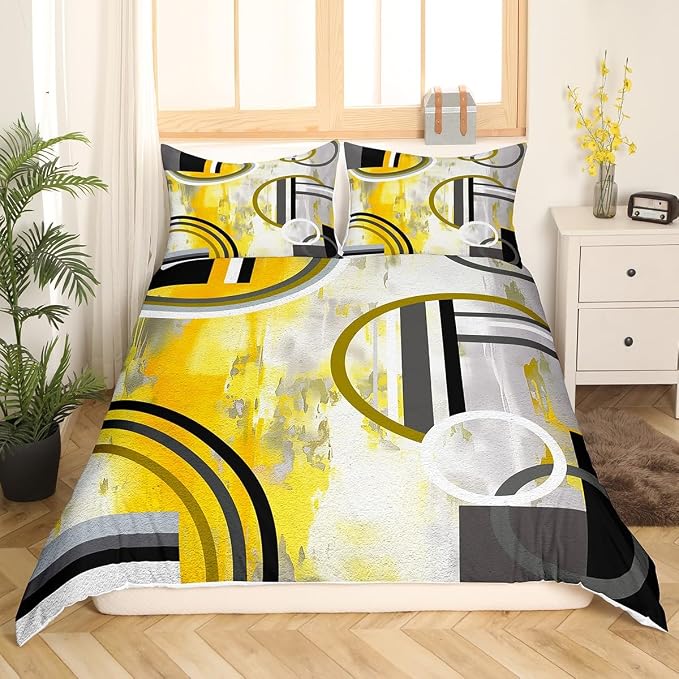 Erosebridal Modern Yellow Black Grey Duvet Cover Full,Watercolor Oil Painting Comforter Cover,Circles Bedding Set,Contemporary Artwork Texture Bedroom Decor Bedspread Cover 3Pcs with 2 Pillow Cases